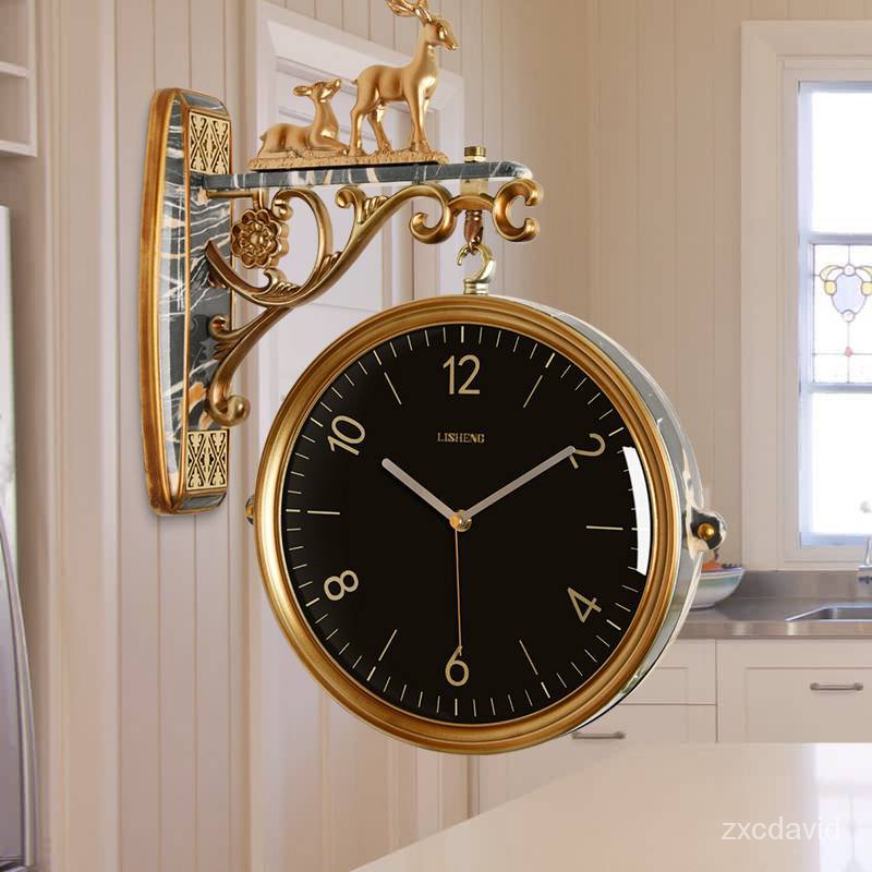 北歐風雙麵時鐘 現代創意雙麵鐘 鹿頭掛鐘懸空旋轉壁鐘 鐵藝金屬復古高檔石英鐘 靜音時鐘 美式工業風鐘錶 餐廳客廳墻麵掛錶