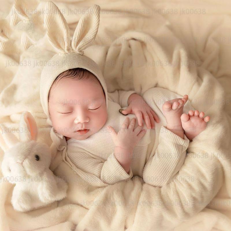 寶寶兔裝 新生兒寫真服裝 拍照道具 小兔子 兔耳朵帽子 兔年攝影 嬰兒滿月 拍照衣服 百天滿月抓周周歲 新生兒兔裝新生兒