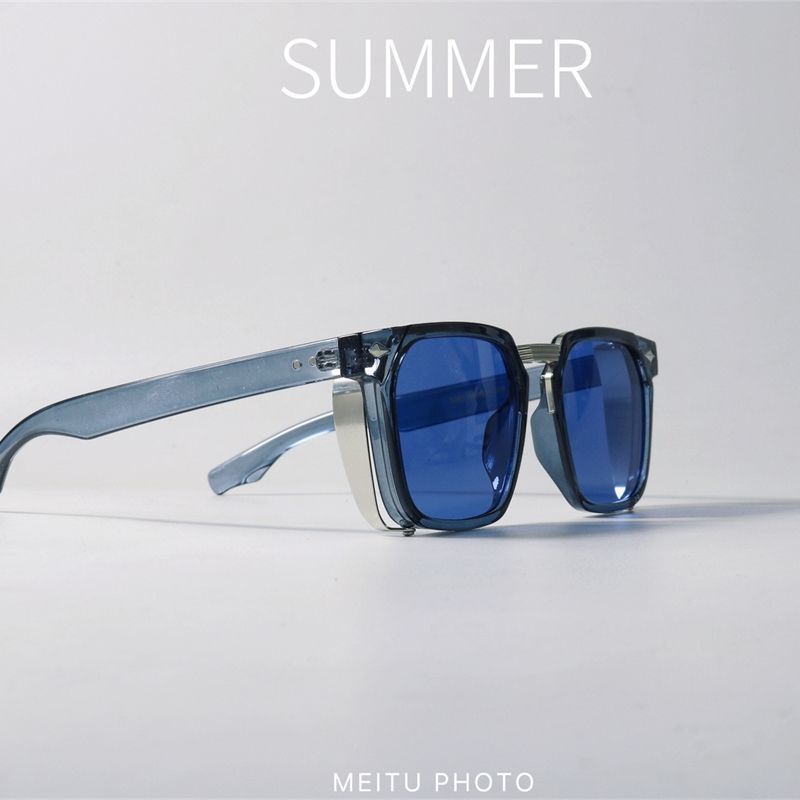 包覆式太陽眼鏡 男生太陽眼鏡 運動太陽眼鏡 設計感方形藍色層次感太陽眼鏡UV400可配近視墨鏡復古黑框眼鏡框