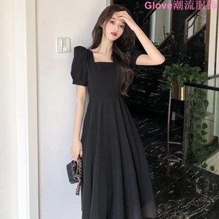 法式赫本風領證小白裙收腰顯瘦顯氣質過膝垂墜感方領泡泡袖連衣裙a字洋裝 連身裙洋裝 純欲洋裝 長裙