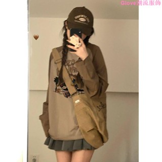 🌷臺灣出貨🌷卡其色T恤大碼女裝春秋季美式復古ins超火拼接設計感長袖上衣服潮寬鬆 韓版 長版上衣女 秋季薄款上衣