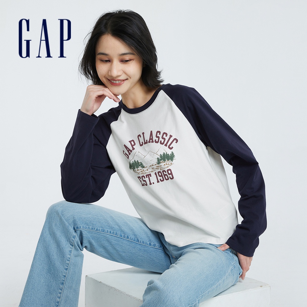 Gap 女裝 Logo印花圓領長袖T恤-海軍藍(755937)