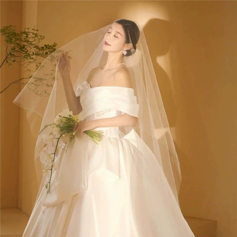*布熊*簡約裸紗新娘韓式結婚婚紗頭紗超長素紗拖尾攝影旅拍凹造型中硬紗