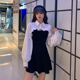 大尺碼洋裝 短袖長洋裝 連衣裙 長裙 短袖洋裝 赫本風套裝女秋季百搭顯瘦復古白襯衫吊帶裙子氣質休閑兩件套