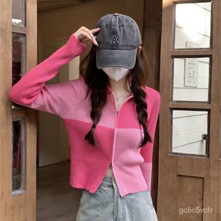 撞色拚接長袖針織衫女新款秋季設計感小眾毛衣寬鬆短款上衣上衣女 毛衣 長袖 秋鼕女裝 打底上衣女 針織衫 長袖上衣