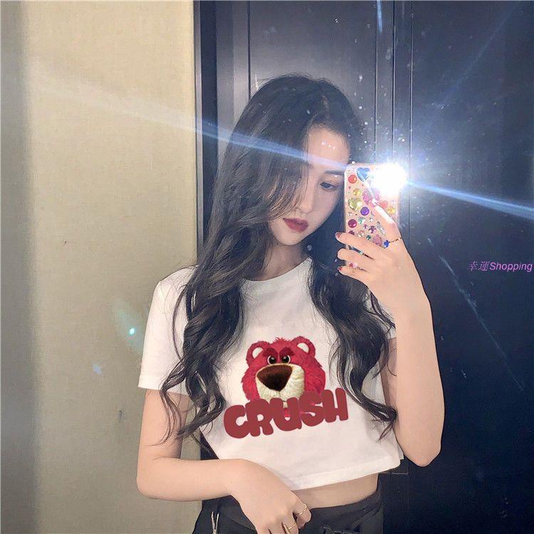 2023新款草莓熊短袖t恤女 草莓熊上衣 100%純棉短袖趣味草莓熊卡通印花寬鬆韓版夏季短款t恤上衣女ins潮