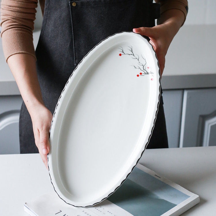 【桃園發貨💕💕】魚盤 大號旦形魚盤陶瓷長方形北歐餐具微波爐烤箱盤創意家用雙耳深魚盤