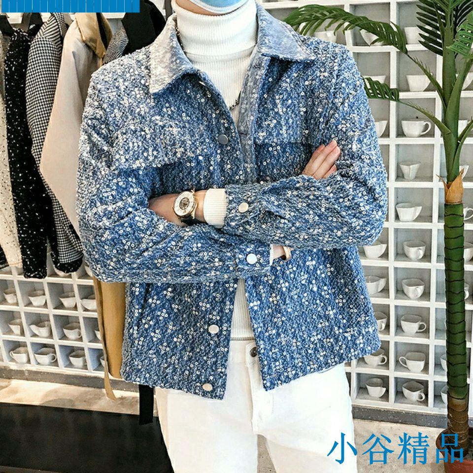 ✨小谷精品✨最新熱銷韓國個性設計感重工閃亮片牛仔外套男春秋款潮流寬鬆帥氣夾克外套