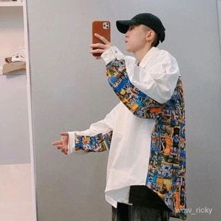 【潮尚男裝】拼色襯衫 春季國潮高街寬鬆塗鴉紮染拚色落肩長袖襯簡約文藝潮日常原宿潮流青春流行痞帥炸街嘻哈五分袖