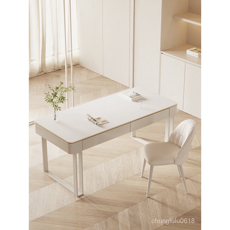 【熱銷】輕奢純白岩板書桌現代簡約小戶型臥室奶油風學習桌辦公台式電腦桌