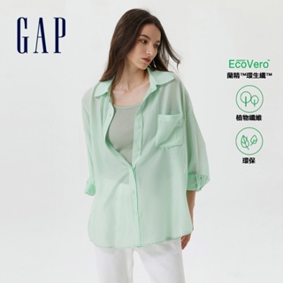 Gap 女裝 輕薄寬鬆翻領長袖襯衫-淺綠色(671241)