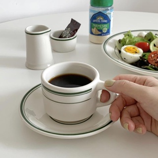 綠線條陶瓷釉下彩咖啡杯碟 濃縮咖啡杯碟 200ml