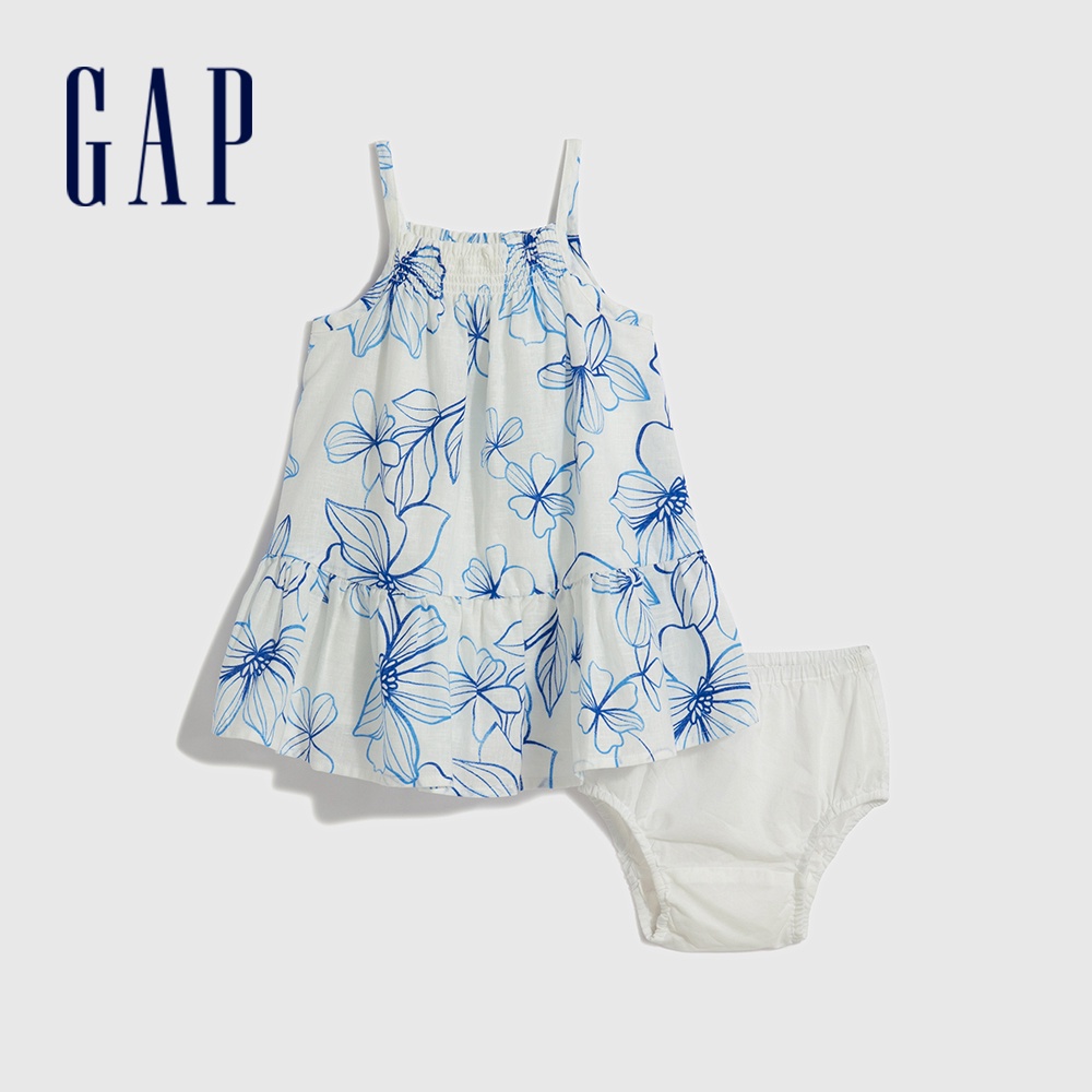 Gap 嬰兒裝 亞麻輕薄吊帶洋裝套裝-藍花印花(669237)