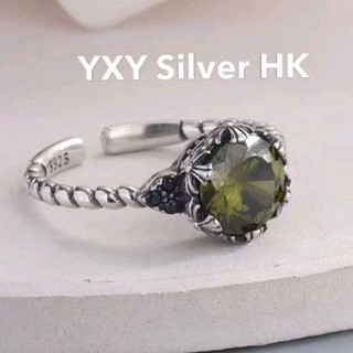 全純銀 韓版十字花橄欖🫒綠寶石純銀個性戒指
