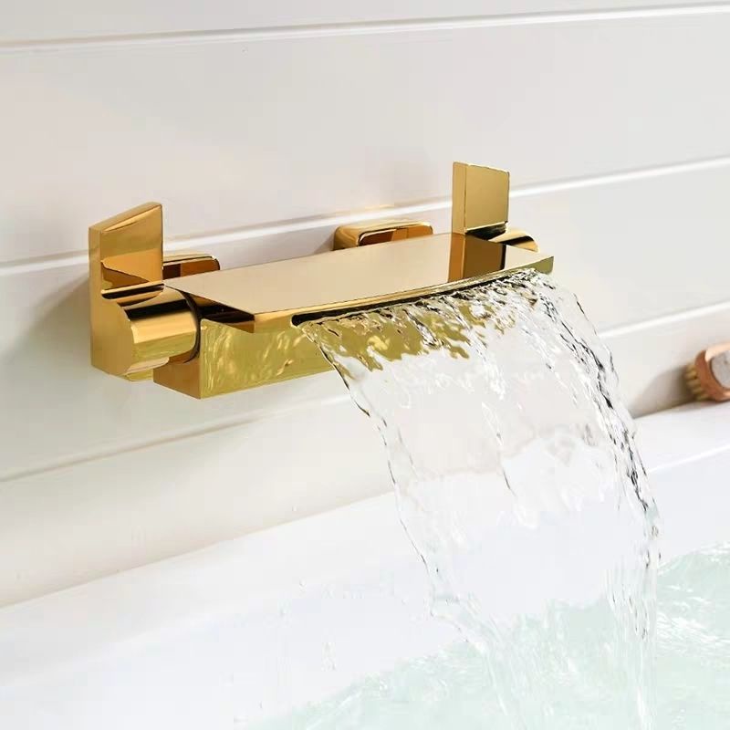 老式金色浴缸龍頭冷熱水簡易加長混水閥明裝淋浴花灑瀑布水龍頭