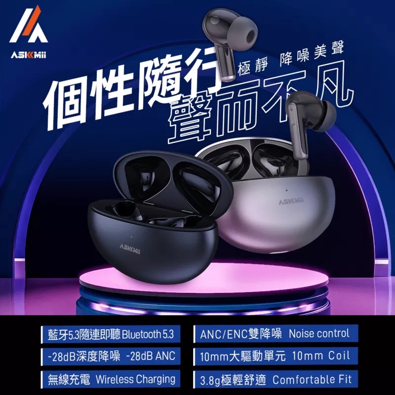 ASKMii艾司迷🎧M2 ANC主動降噪入耳式真無線藍牙耳機(ANC ENC雙降噪/無線充電/藍牙5.3)-藍色