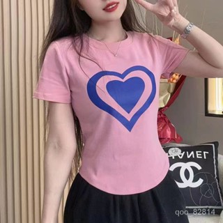 愛心印花粉色減齡少女ins潮短袖夏季T恤女設計感小眾上衣半袖 短袖女裝 短袖女上衣【貝赫米】女裝店