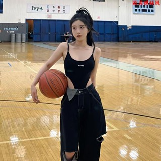 歐美辣妹連體上衣😘2023夏裝新款字母背心吊帶連體衣女修身顯瘦露背辣妹風