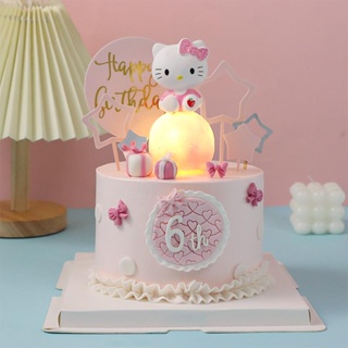 (5.18) 卡通兒童蛋糕裝飾發光KT貓擺件蝴蝶結星星女孩生日派對烘焙插件