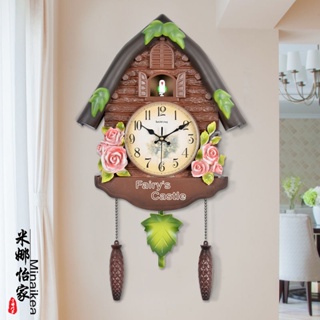 實木雕刻🔥歐式客廳掛鐘創意布谷鳥報時鐘卡通裝飾家用鐘表時鐘兒童房個性小鳥鐘