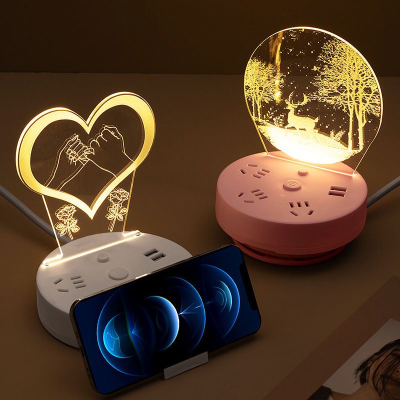 Shenglong百货🔥帶線多功能夜燈插座3D創意卡通款可收納線排插宿舍LED燈帶USB電源