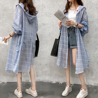 【Sweet Oversize】大碼胖mm 100公斤大尺碼夏寬鬆帶帽子格子襯衫女連帽中長款防曬衣開衫外套