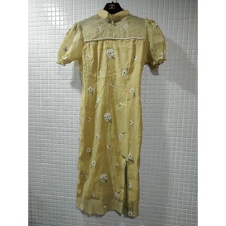 芥末黃/刺繡花朵/民國復古風/旗袍/洋裝/Size:S/質感很好/適合宴會/婚宴生日party禮服 Cosplay