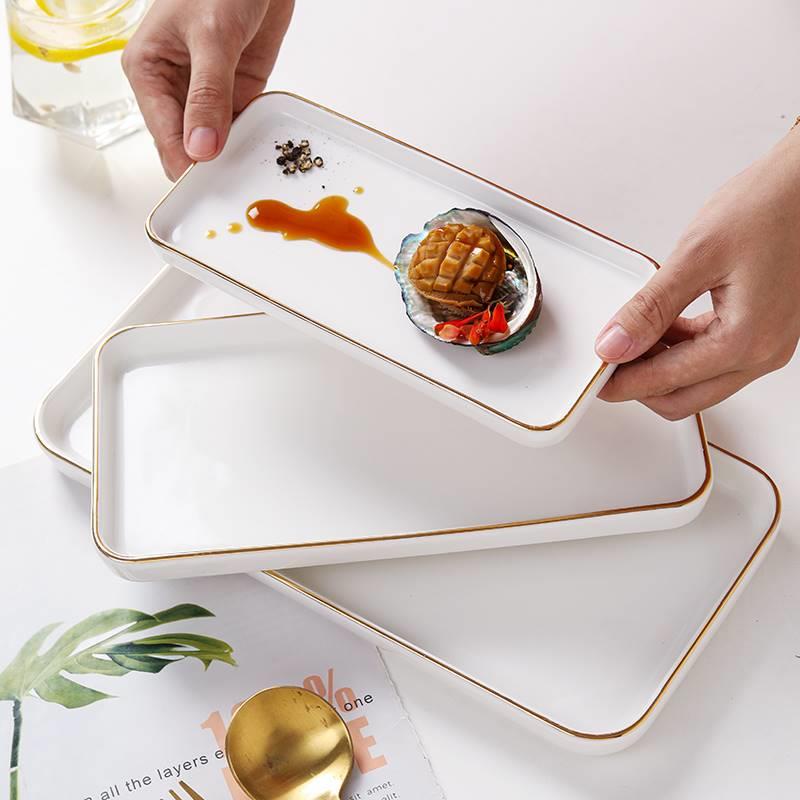 金邊 長方形 盤子 長條 盤 陶瓷 點心 盤 西餐 盤 創意 小吃 日式 創意 壽司 長盤 陶瓷盤 日式餐盤