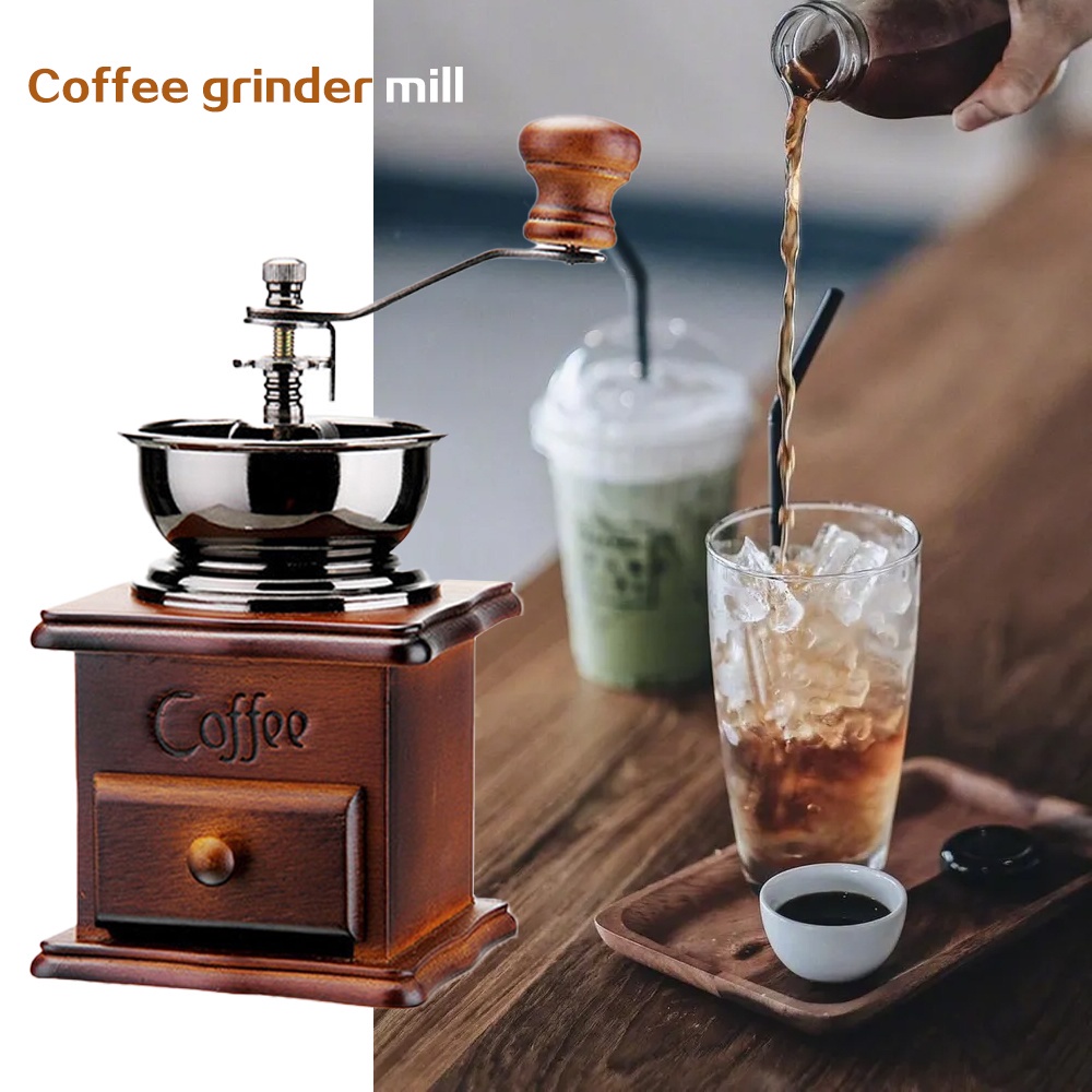 Vintage Style Coffee Bean Mill Wooden Grinder W/Hand Crank