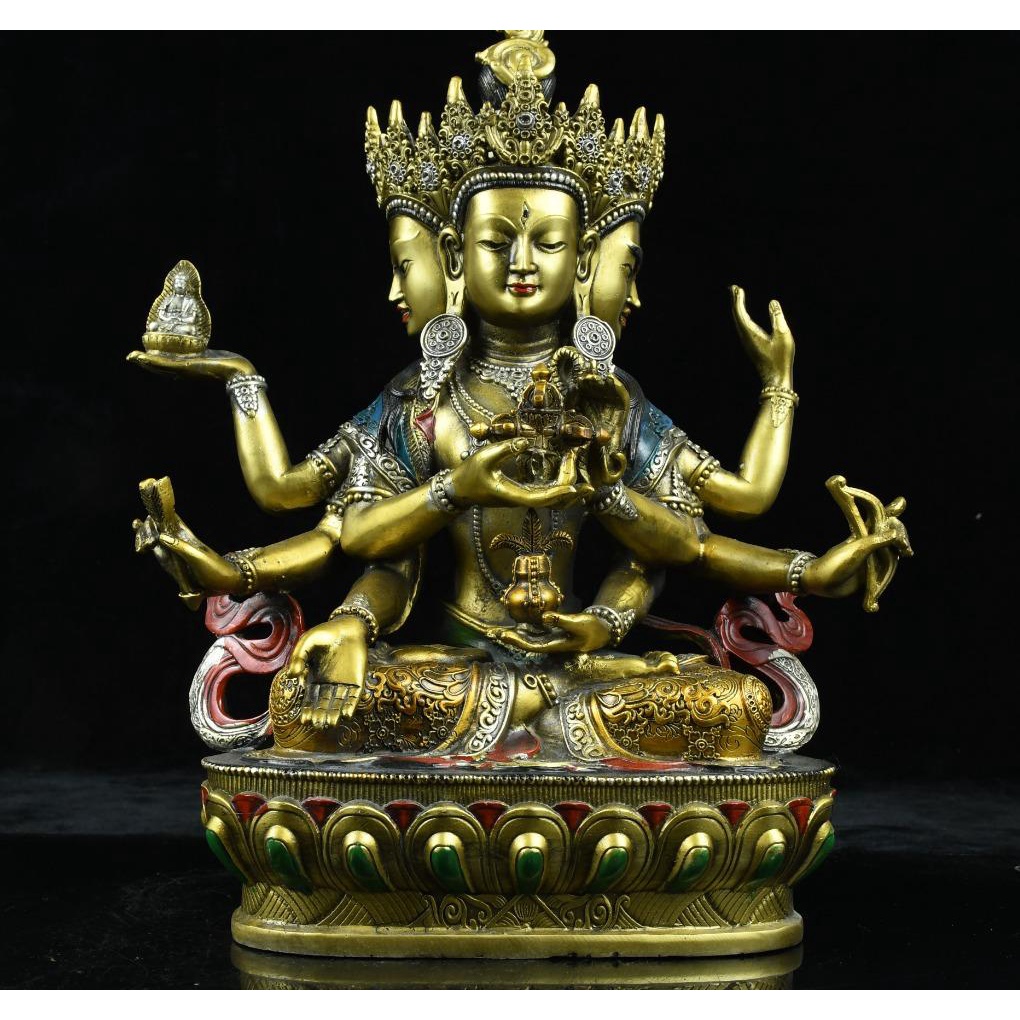 純銅 擺件 佛像 純銅手繪鎏金尊圣佛母，尼泊爾藏傳老銅佛彩繪尊圣八臂觀音佛像居家佛堂用品擺件。30*26*12重量5