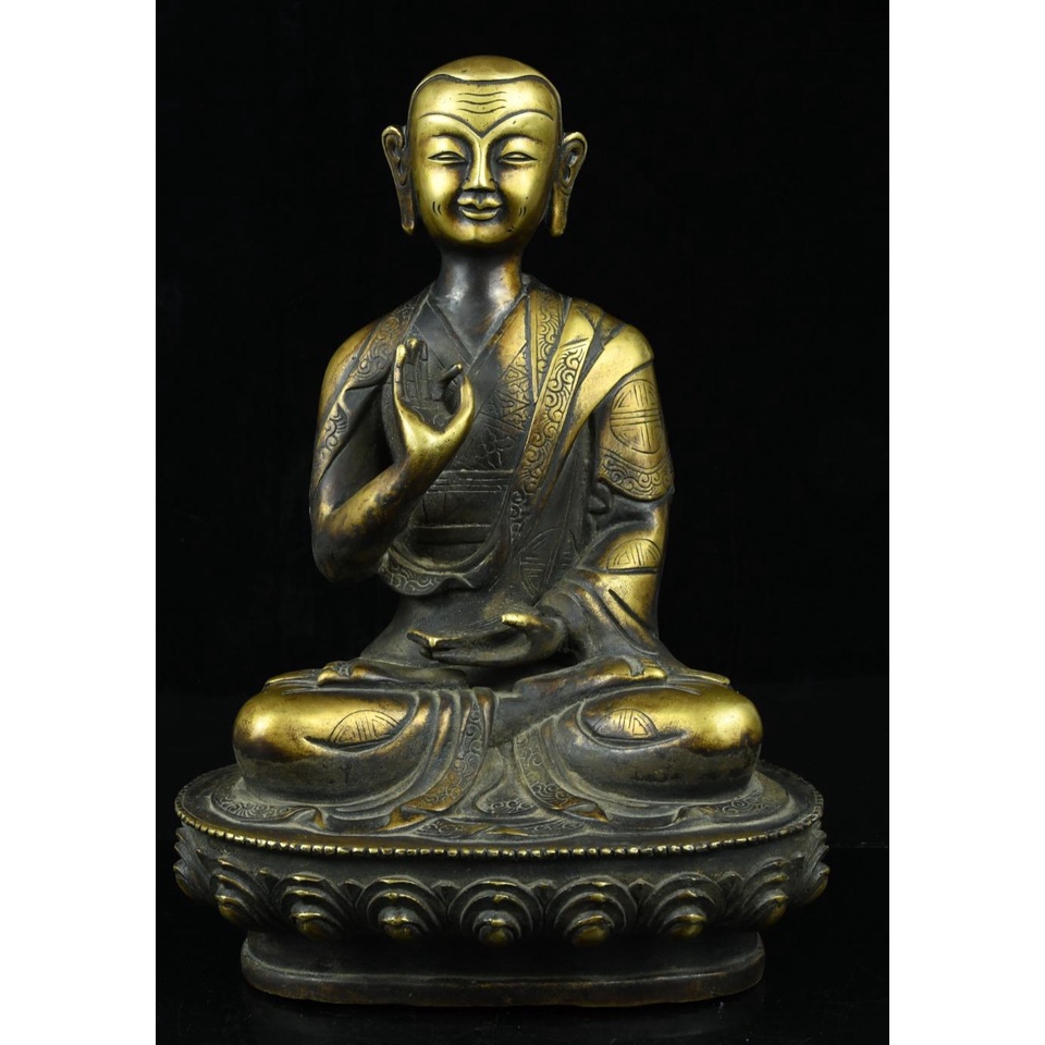 純銅 佛像 擺件 純銅老黃銅尼泊爾密宗藏傳格魯黃銅宗喀巴佛像光頭師徒三尊佛像27*19*13重量4.18斤2852