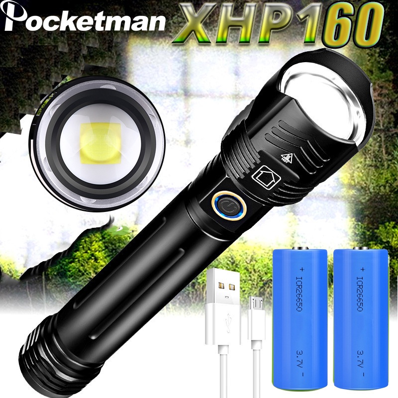 【販賣美好】強大的 XHP160 LED 手電筒 USB 可充電可變焦手電筒，適合野營釣魚
