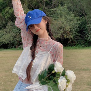網紗 疊穿 打底衫💕 日系軟妹可愛甜美高領碎花網紗內搭打底衫女春夏長袖t恤防曬上衣 女生上衣 內搭