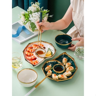 餃子 盤子 帶 醋碟 家用 新款 小吃 盤 創意 餐具 陶瓷 水餃 餐盤 壽司 盤
