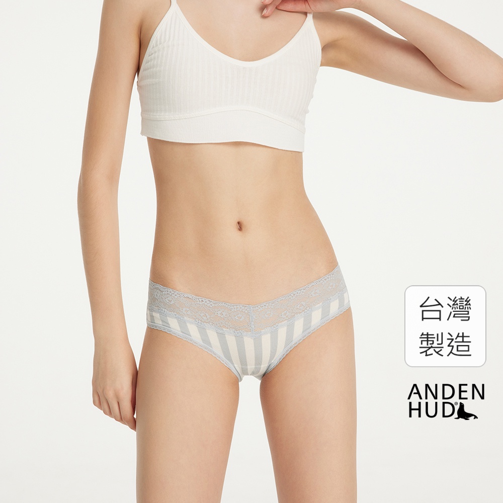 【Anden Hud】休息一夏．V蕾絲低腰三角內褲(米白-夏日條紋) 純棉台灣製