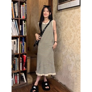 大尺碼洋裝 短袖長洋裝 連衣裙 長裙 短袖洋裝 夏季撞色條紋無袖針織背心裙顯瘦寬松流蘇長裙法式復古連衣裙子女