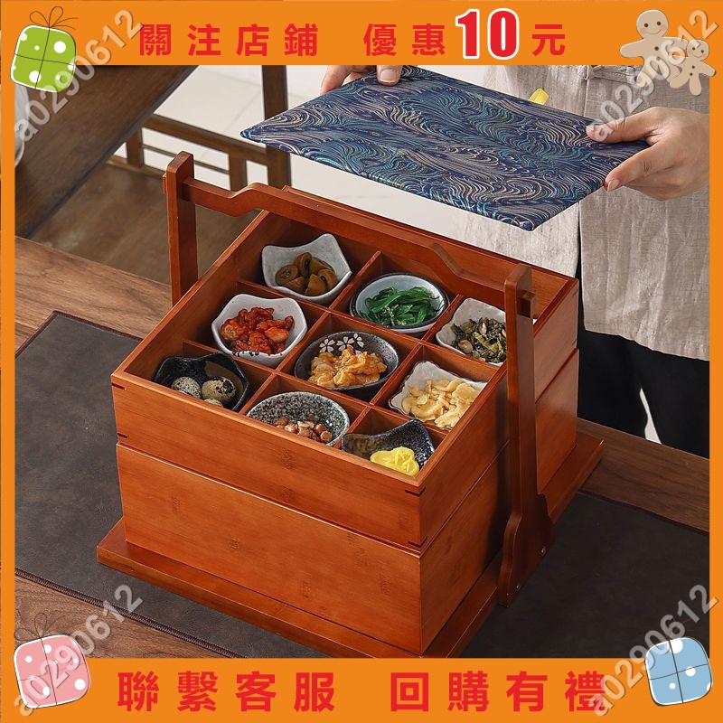 上新#中式復古多層提盒提籃竹制收納盒食盒家用野餐籃茶箱餐廳送餐籃*a0290612