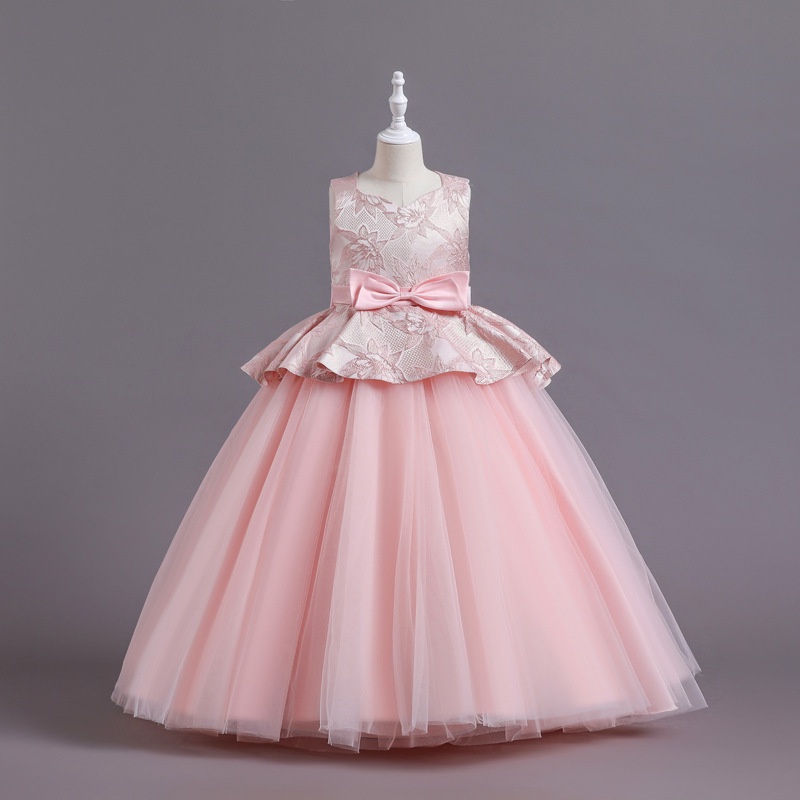 歐童童裝童裝兒童晚禮服公主裙 無袖網紗女孩鋼琴演奏服粉色女大童禮服裙洋裝