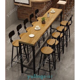 高檔美式復古實木長條吧臺桌椅 家用奶茶店咖啡廳休閒酒吧桌高腳餐桌椅組合 簡約陽臺靠牆視窗窄長桌