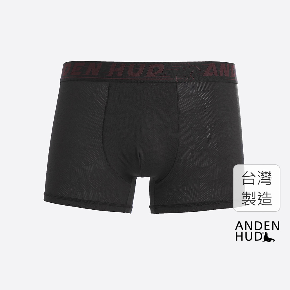 【Anden Hud】男款_吸濕排汗機能系列．緹花短版平口內褲(黑-暗紅字緊帶) 台灣製