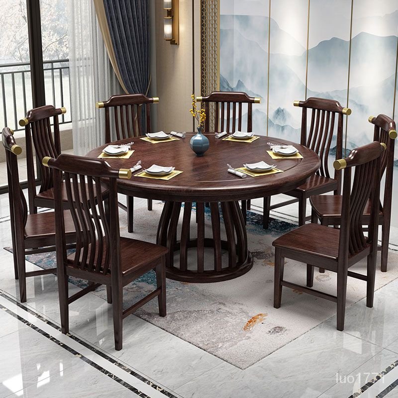 免運 【可開發票】 新中式 紫金檀木餐桌椅 組閤紅木實木餐桌 現代餐廳桌椅 傢具傢用6人圓桌