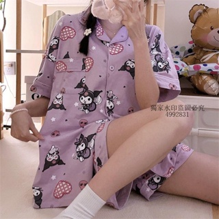 睡衣 日系ins夏季睡衣女紫色庫洛米卡通短袖短褲學生薄可愛家居服套裝