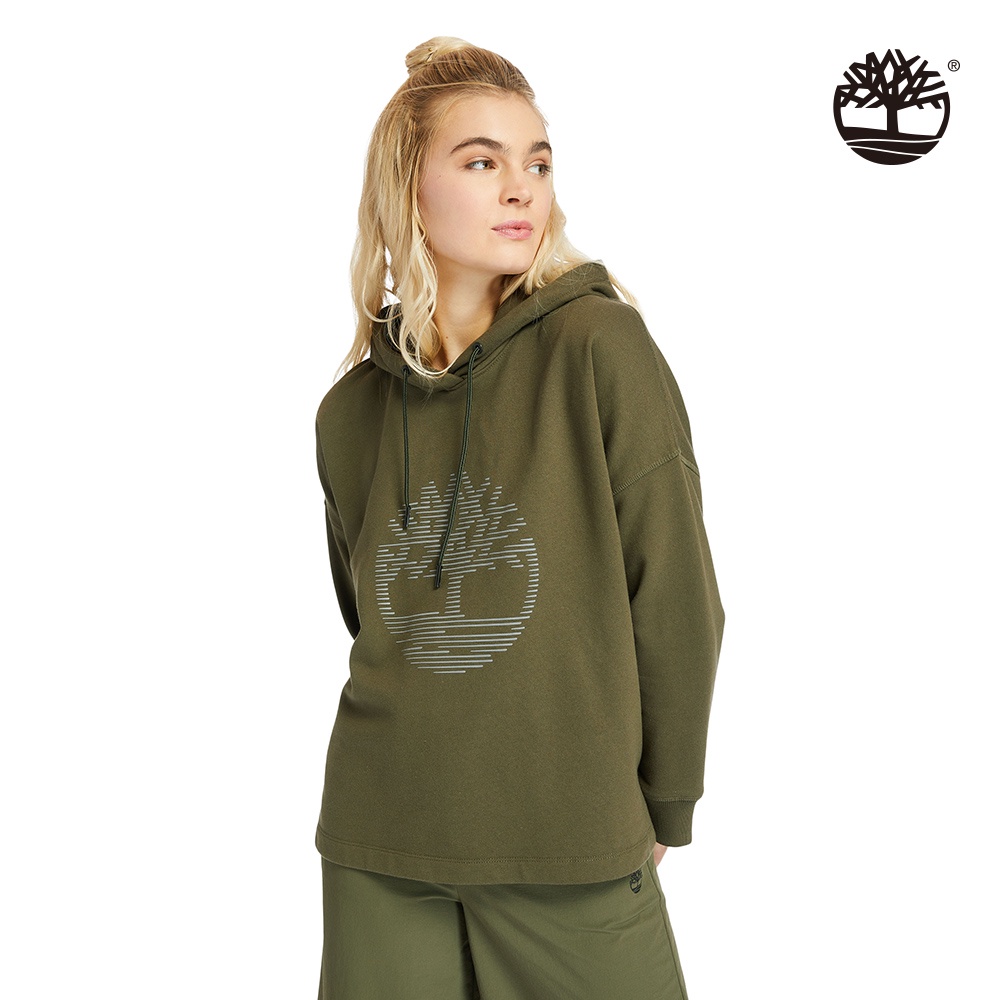 Timberland 女款軍綠色反光樹形LOGO寬鬆連帽上衣|A2FDHA58