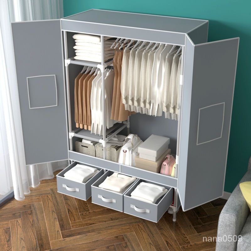 簡易衣櫃結實耐用開門式佈衣櫃鋼管加粗加固現代簡約齣租房掛衣櫃 W3AJ