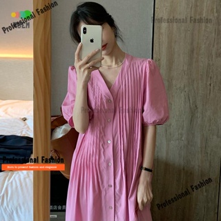 ROVE[輕熟氣質感]韓國原單夏季優雅V領單排扣寬鬆褶皺感設計泡泡袖長款洋裝洋裝女