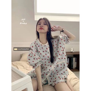 嘟嘟優品 睡衣 女生睡衣 睡衣套裝 短袖睡衣 新款ins睡衣女夏季寬鬆短袖短褲開衫少女花邊甜美簡約家居服套裝