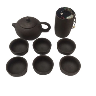 旅行茶組 旅行茶具 8頭黑陶紫砂旅行傢用茶具E52 AQFB