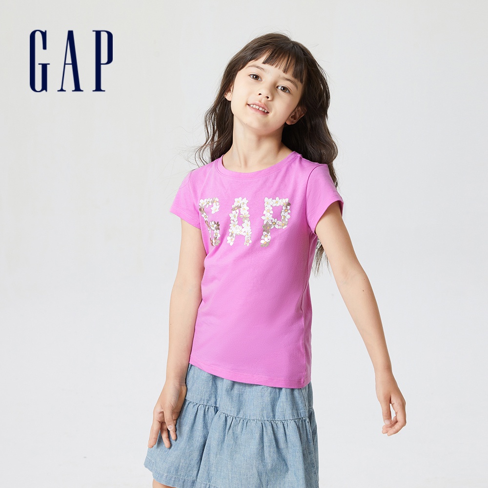 Gap 女童裝 Logo/印花純棉短袖T恤-紫粉色(621066)