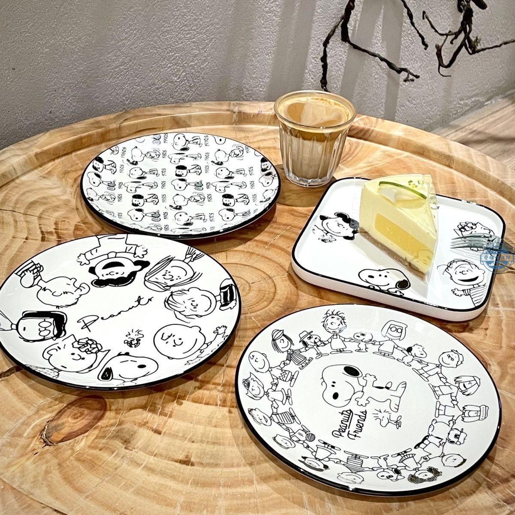 史努比陶瓷餐具套裝創意方盤家用碟子黑白簡約風格飯碗配套勺子