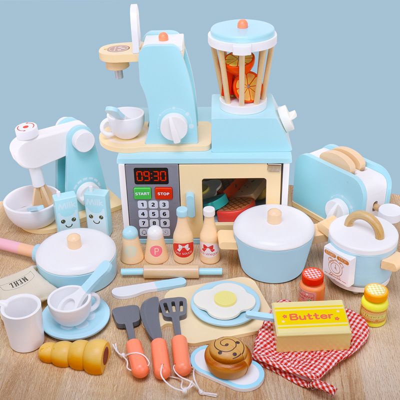 💕家家酒玩具💕兒童過傢傢廚房玩具木製仿真微波爐咖啡機榨汁套裝幼兒園生日禮物